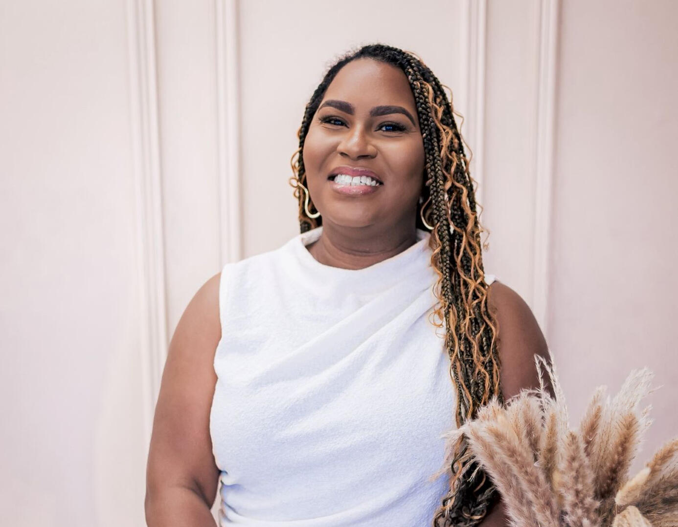 wedding officiant, smiling, beauty, woman in white shirt, long braids, black woman, savannah, georgia